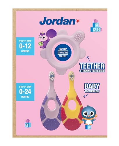 Image of Jordan* ® | Step 0 Teether & Training Toothbrush | BPA-Free, Hygienic, 2-in-1 Teething & Early Brushing Solution for Babies | Pink | 1 Teether + 2 Step 1 Baby Toothbrush