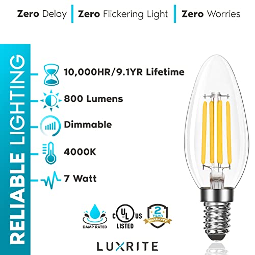 Luxrite Candelabra Led Light Bulbs 100 Watt Equivalent, 800 Lumens, 4000K Cool White, 7W, B11 Dimmable Chandelier Light Bulbs, Damp Rated, Clear Glass, Torpedo Shape, Ul Listed, E12 Base (6 Pack) #TOP6