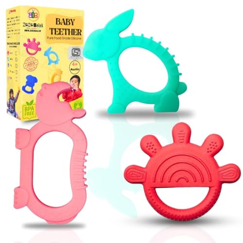 Image of Cute Shape Soft Silicone Teether for Baby Gums, Teething Toys for Babies, BPA Free, Pain-Relief, Non-Toxic, 100% Food Grade, Soothing, Easy to Grasp Chewable - Rhino+Hand+Rabbit (Pack of 3)