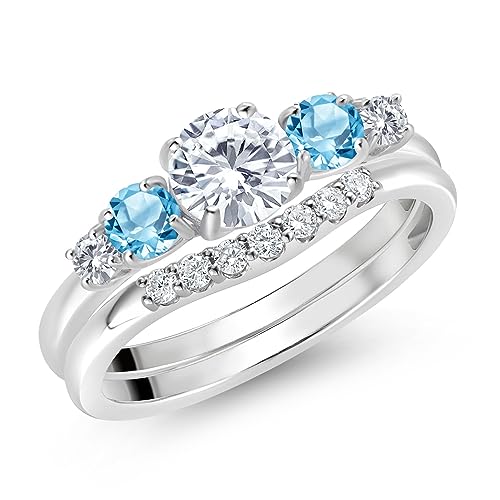 Gem Stone King 10K White Gold White Lab Grown Diamond and Swiss Blue Topaz 5 Stone Bridal Engagement Wedding Ring Set For Women (0.91 Cttw, Round: 5MM and 3MM, Available in Size 5,6,7,8,9)2