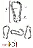 3 Inch Stainless Steel 304 Spring, Snap, Link, Hook, Clip Carabiner-Keychain, Keyring/Camping/Fishing//Hiking/dog leash...etc.. Set of 4 ( D Shape Carabiner, can opener, and round carabiner included)