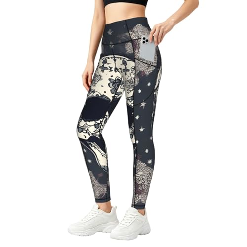 Leggings de yoga con calaveras y bolsillos prácticos de alta sujeción para running