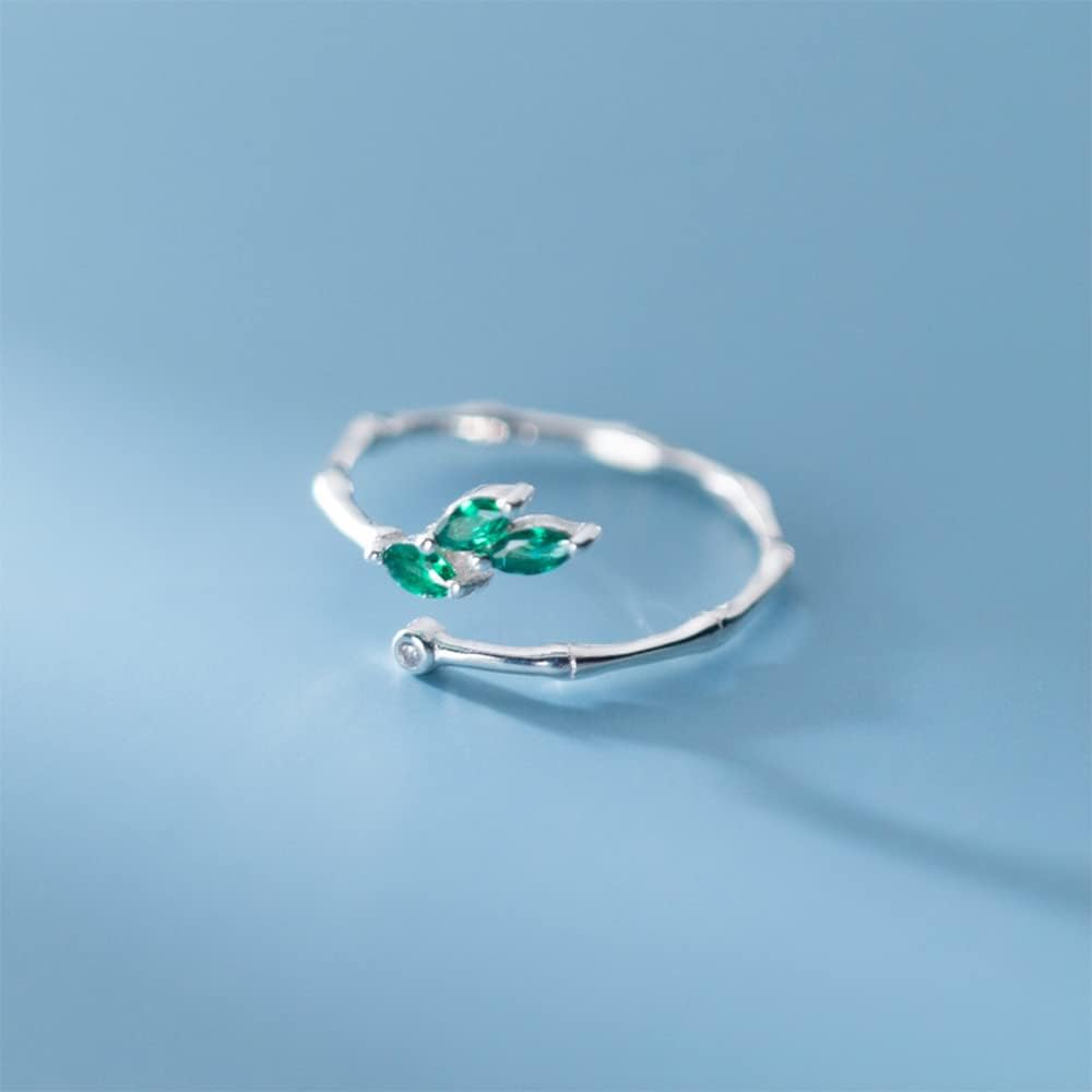 CZ Spring Leaf 925 Sterling Silver Adjustable Ring for Women Green Crystal Leaves Statement Stacking Open Band Finger Rings Comfort Fit Dainty Birthday Holiday Jewelry - Image 3