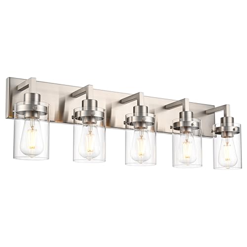 Image of 5 Light Metal Base Wall Mount Lighting with Clear Glass Shade,Brushed Nickel Bathroom Light Fixtures Bath Wall Sconces for Mirror, Kitchen,Hallway