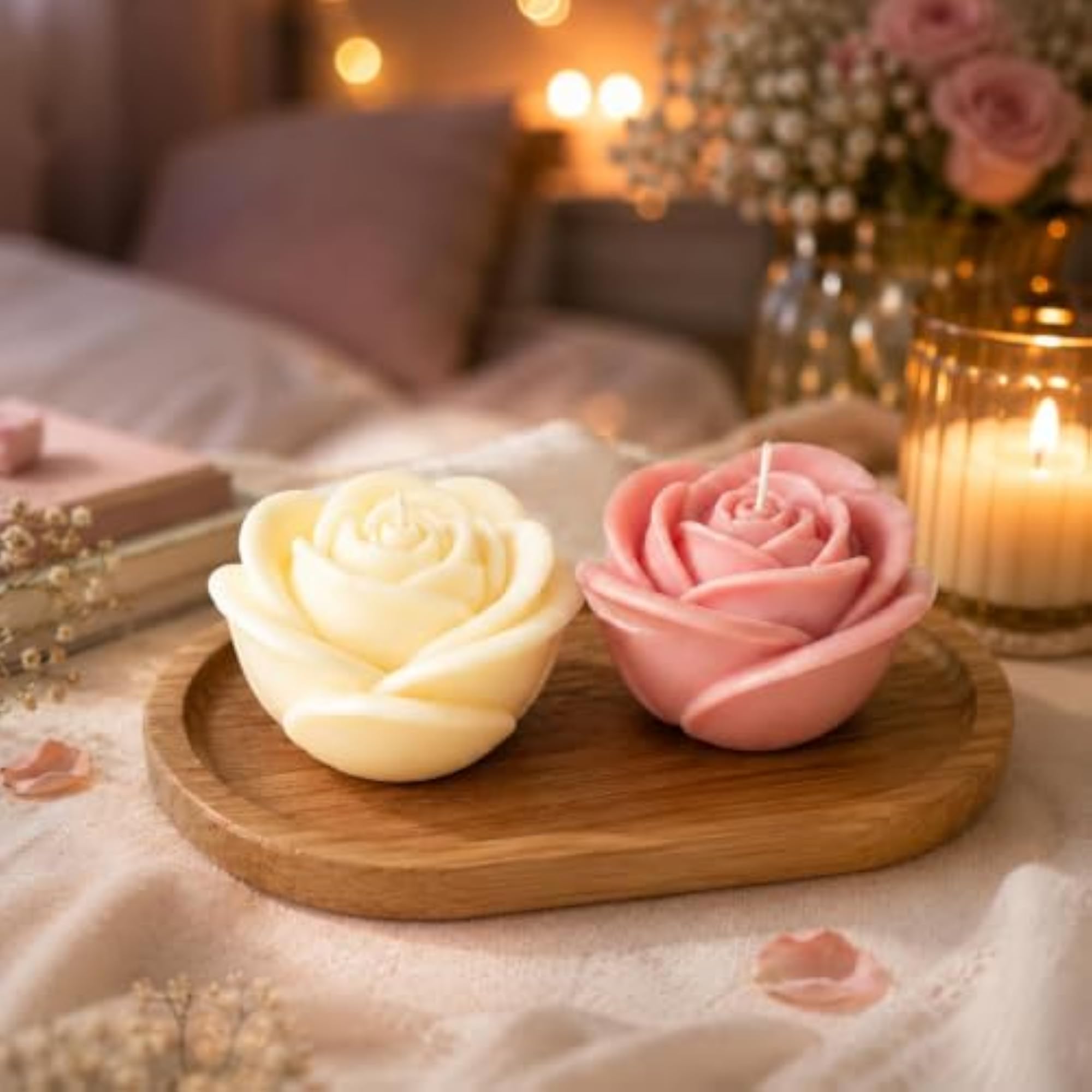 Rose Flower Shaped Scented Wax Candles, Decorative Gift Set
