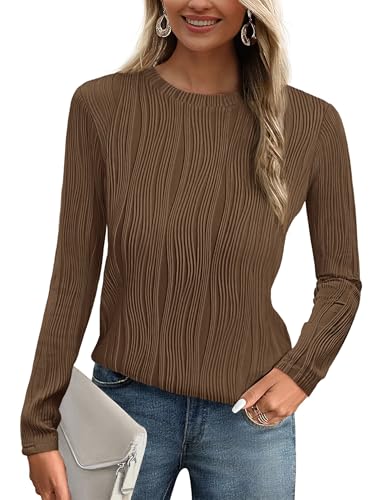PRETTYGARDEN Long Sleeve Tops for Women 2025 Spring Fall Trendy Business Dressy Casual Shirts Crewneck Textured Blouse