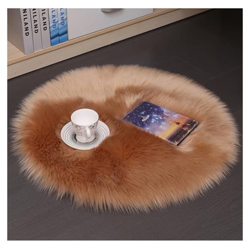 Hrlace Alfombra de piel de oveja redonda de piel de oveja sintética, lavable, suave, mullida, de pelo largo, para silla, de imitación, de lana, para decoración del hogar, color caqui, 26 x 26 cm