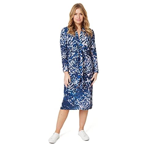 Izabel London Printed Tie Waist Midi Dress with v-Neck Long Sleeves and midi Skirt. Navy Cover