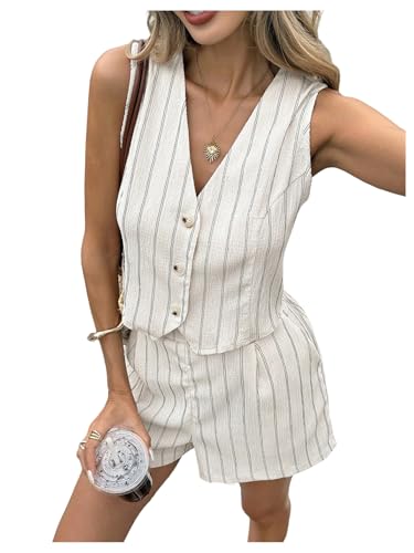 Milumia Women's Summer 2 Piece Linen Sets Striped Button Down Vest and Shorts Set