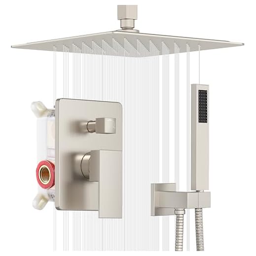 ESNBIA Shower System, Bathroom 10 Inches Rain Shower Head with Handheld Combo Set, Ceiling Mounted High Pressure Rainfall Dual Shower Head System, Shower Faucet Set with Valve and Trim, Brushed Nickel