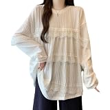 [Boretipseo] Tシャツ レディース トップス 長袖 レース 切り替え 花柄 ブラウス タック ニットソー プルオーバー クルーネック 柔らか 体型カバー 大きいサイズ ファッション エレガント 普段着 通勤 春 秋