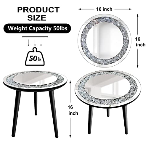Stylishia Mirrored End Table For Living Room Round 16" W X 16" D X 16" H Glam Crystal Crushed Diamond Bling Mirror Side Table Furniture, Accent Modern Silver Mirror Coffee Table Home Decor #TOP2