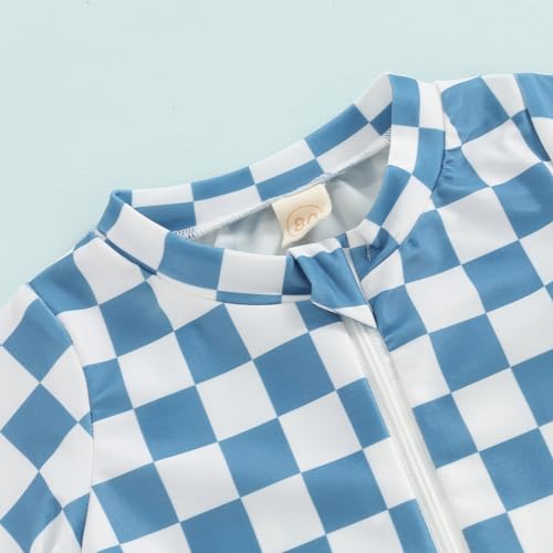 Toddler Baby Boy Girl Swimsuit Checkered One Piece Swimwear Short Sleeve Zipper Rash Guard Beach Bathing Suit4