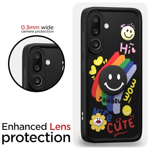 Image of Pikkme Back Cover for Samsung Galaxy M56 5G | Soft Silicone| Cute Rainbow Smile & 3D Cartoon Flower Design | Shockproof Raised Camera Protection Bumper Case (Black)