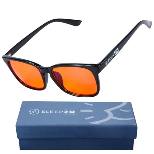 Sleep ZM Blue Light Blocking Glasses for Women + Men - Better Sleep + Anti Eye Strain Protection - Computer Screens & Gaming - Black Wayfarer - 99% Night-time Amber Lens