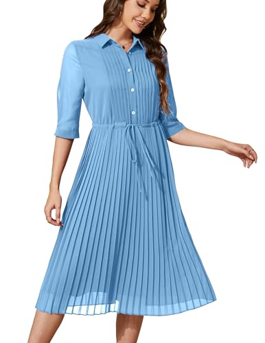 Image of Women V Neck 3 /4 Sleeve Pleated A-Line Dress with Belt Swing Midi Dresses for Spring Summer Autumn