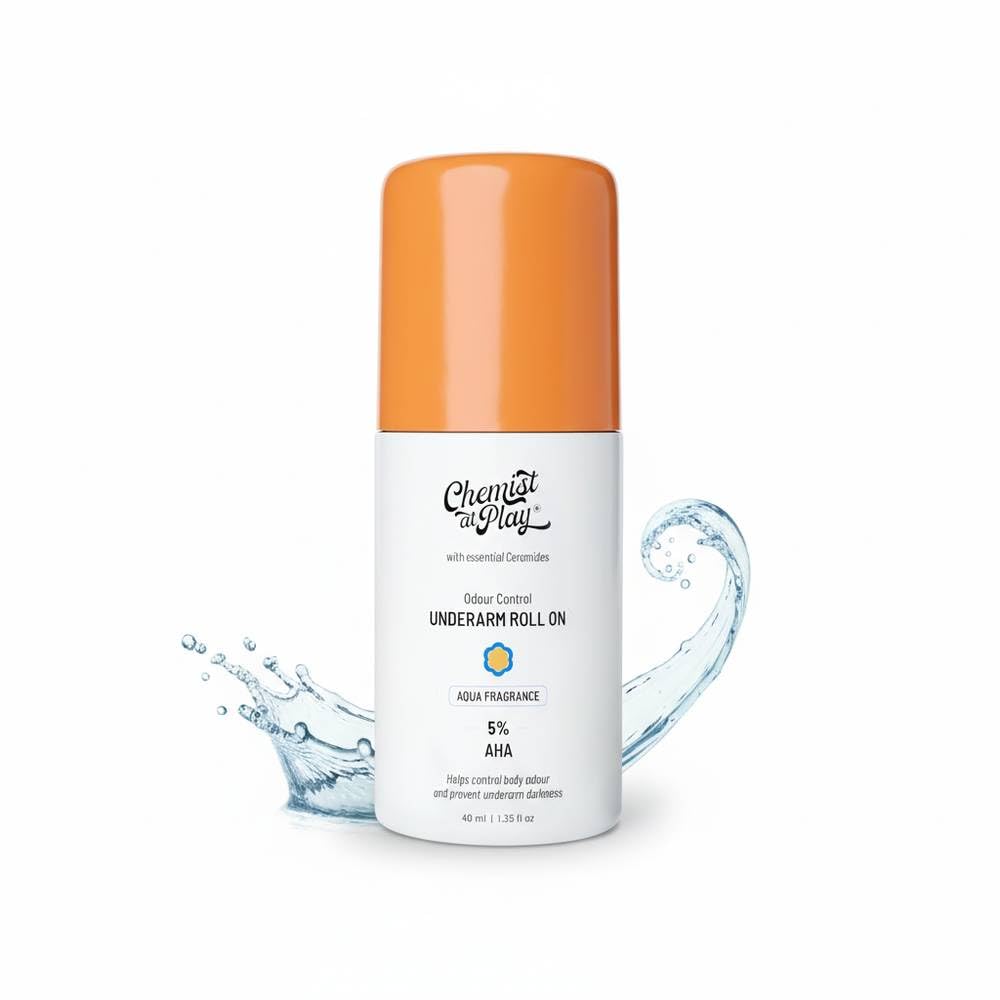 Chemist at Play UnderArm Roll-On with 5% AHA, Lactic Acid & 1% Mandelic Acid | Prevents Body Odour, Brightens Skin & Exfoliates Underarm | Fades Pigmentation & Kills Bacteria | For Sensitive Skin | Aqua Fragrance | Alcohol Free - 40ml