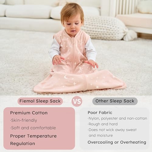 Image of Baby Sleep Sack 12-18 months, 100% Cotton Sleeping Sack for Toddler, 3 Pack Baby Wearable Blanket, 0.5 Tog Lightweight Double Zipper Sleep Bag Large Pink Stars Moon