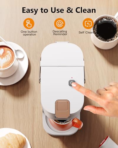Image of Tastyle Single Serve One Cup Coffee Maker, for K Cups and Grounds, Mini Coffee Maker with Portable Handle, 6 to 12 Oz Brew Size, for Travel, Camping, Office, RV and Dorm, 120V, White and Brown
