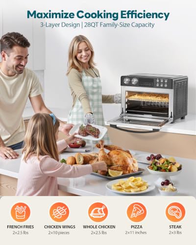 Image of 28QT Air Fryer Toaster Oven Combo, Large 12-in-1 Convection Countertop Oven with Next-Gen HeatWave Convection, 3-Layer Cooking, Rotisserie for Chicken, Fits 11 inch Pizza, Full Accessories, Sparkle Black