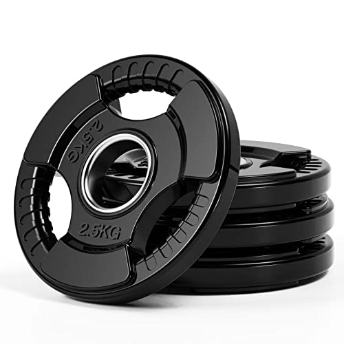 PhysKcal Olympic Weight Plates with Rubber Finish 2’’ Opening and Tri-Grips, Black Barbell Plates Discs for Lifting and Strength Training, Solid Cast Iron Core Weights Set for Barbell, 1.25kg - 20kg