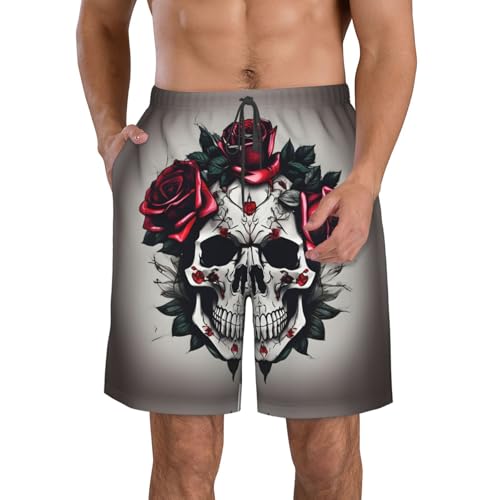 Red Rose Skull Print Stylish Beach Shorts Swim Trunks Lightweight Breathable Summer Outdoor Activities