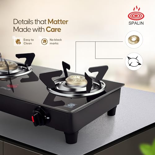 Image of AI Glass Automatic Gas Stove 2 Burner | Toughened Crystal Glass Top | Auto Ignition | ISI Certified | Durable Brass Burners | Sleek Black Countertop Gas Stove for Modern Kitchen