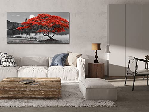 Arjun Tree Landscape Wall Art Canvas Tree Lake Moon Painting Red And Black Scenery Picture, Modern Artwork Large Size Framed For Living Room Bedroom Bathroom Home Office Wall Decor, One Panel 60"X30" #TOP3