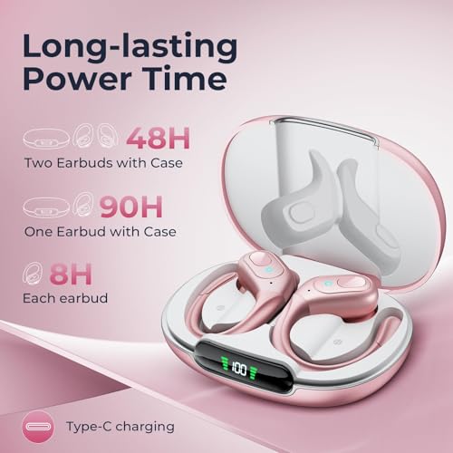 Image of occiam Active Noise Cancelling Earbuds Wireless Bluetooth Headphones Ear Buds 90Hrs Playback Stereo Bass Earphones with Mic Over-Ear Hooks IPX7 Waterproof Headset for Work Sports (Rose Gold)