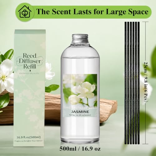 Image of SCENTORINI Reed Diffuser Oil Refill, Jasmine Diffuser Oil 16.9 Fl Oz | 6 Sticks, Scented Essential Oil Refill Long Lasting Summer Home Fragrance for Large Space Room Spa Bathroom Home Hotel Decor