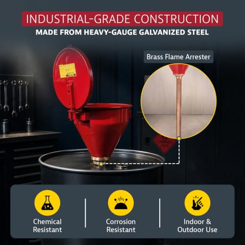 Image of Justrite Drum Funnel for Flammables, Self-Closing Cover, Red, Made in USA