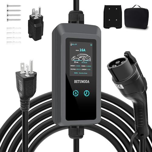 BETUMODA Level 1 EV Charger - 2.8 Inch LED Touch Screen 25FT 110V/240V 16 Amp and NEMA 6-20 & NEMA 5-15 Plug Adapter - Portable Electric Car Charger for J1772 EVs and Plug-in Hybrid Vehicles