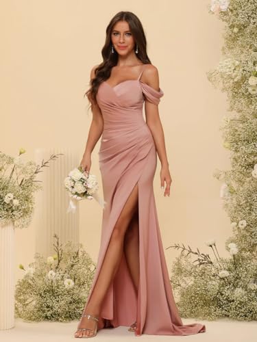 Mermaid Off Shoulder Bridesmaid Dresses for Women with Slit Long Sweetheart Pleated Satin Formal Dress4