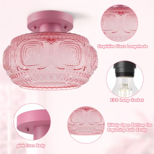 Image of Large Globe Glass Semi Flush Mount Ceiling Light Fixture, Pink