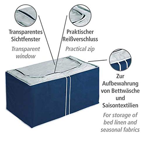 WENKO Jumbo-Box Air, Aufbewahrungsbox für Textilien, mit Sichtfenster und 3-Seiten-Reißverschluss, schützt vor Motten, Staub und Schmutz, aus atmungsaktivem Vlies-Material, 91 x 48 x 53 cm, Navy