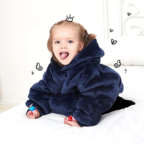 Image of KFUBUO Wearable Blanket Hoodie for Kids With Pocket Toddlers 2-6 Year Old | Navy, Sherpa, Heavy Material, Oversized Sweatshirt Blanket, Kids Blanket, Girl Boy Gifts, Cozy Gifts for Kids