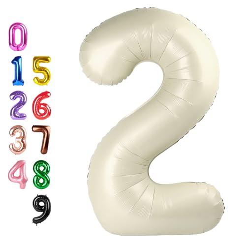 Image of Number Balloons 2 Balloon 40 inch Cream for 2nd Birthday Party Decoration | Saturated Color, Large 40 inch, With Inflation Straw & Hanging Holes, Great for Wedding, Anniversary, Thanksgiving, Christmas