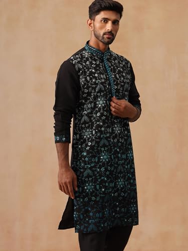 Image of Jompers Men's Silk Blend Embroidered Kurtas (Peacock, L)