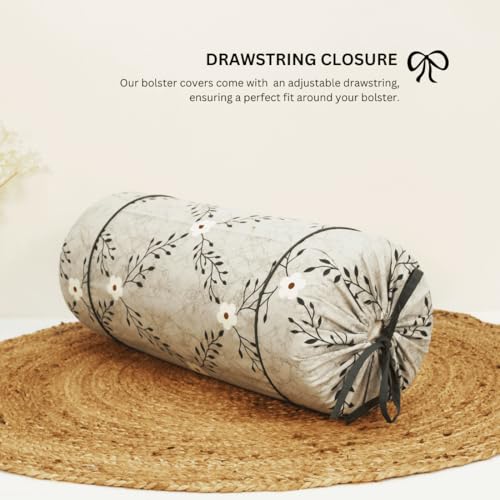 Image of AURAVE Cotton Printed Floral Bolster Cover with Drawstring Closure, Set of 2, Soft Breathable Durable Machine Washable for Sofa Bed & Home Decor, 15 inchx30 inch, Grey | Cover Only