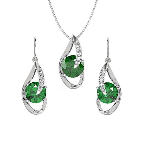 Image of CLARA 925 Sterling Silver Dark Green Eye Pendant Earring Chain Jewellery Set | Rhodium Plated, Swiss Zirconia | Gift for Women & Girls