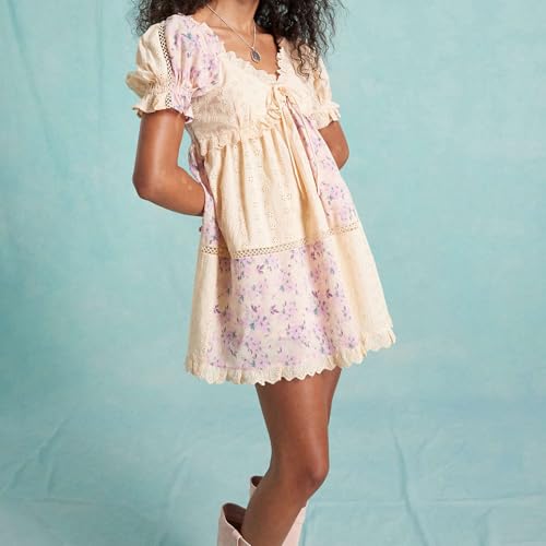 Image of Women Y2k Puff Sleeve Babydoll Dresses Square Neck Tie Back Mini Dress Summer Solid Off Shoulder Flowy Sundress