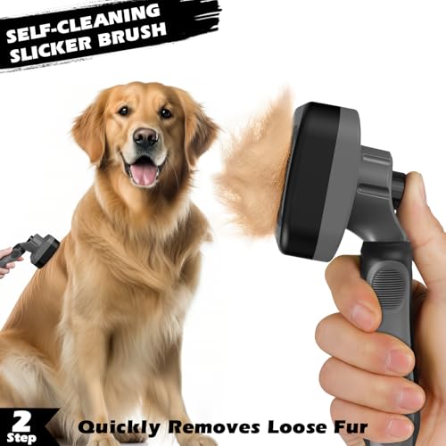 Image of Professional 3PCS Self Cleaning Slicker Brush & Pet Grooming Rake & Flea Comb for Dogs,Cats and Horses | Double-Sided Dematting Comb & Skin Friendly Deshedding Grooming Tool | Pet Supplies (Grey)