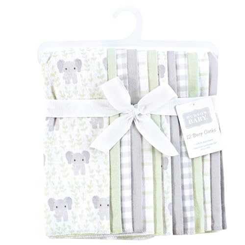 Image of Hudson Baby Unisex Baby Cotton Flannel Burp Cloths 12-Pack Bundle, Leafy Elephant, One Size