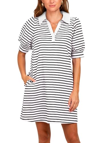 Yousify Women's Casual A Line Tshirt Dress Summer Puff Short Sleeve V Neck Plus Size Work Dresses with Pockets White S
