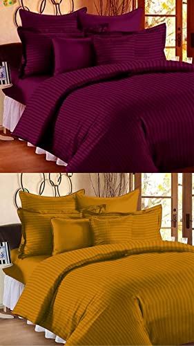 Image of Combo Pack of 2 Cotton Satin Stripes Plain Bedsheets for Double Bed with 4 Pillow Covers for Home, Hotels Rooms, Guest House (Color- Maroon & Yellow)