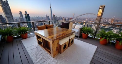 Image of Sheesham Wood Center Coffee Table with 4 Cushioned Stool Wooden Teapoye Table for Living Room Home (Natural Finish)