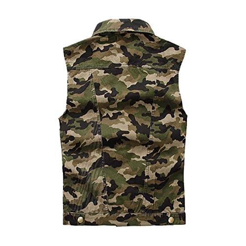 Fusoyun Denim Vest For Men Lapel Sleeveless Slim Fit Retro Ripped Top Summer Casual Jean T-Shirt Tops Camouflage Print Tank #TOP1