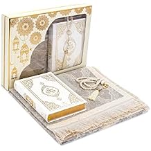 ihvan online Prayer Gift Box for Hajj and Umrah, Muslim Prayer Rug, Islamic Mat, 99 Pearly Beads Tesbih, Holly Quran with French Translation, Islamic Deluxe Set for Ramadan & Eid Gift
