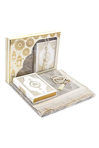 ihvan online Gebet Geschenkbox für Hadsch und Umrah, Gebetsteppich, Perlen, Koran mit französischer Übersetzung, Deluxe-Set für Ramadan & Eid Geschenk