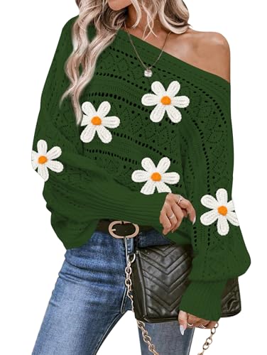 Image of Cakulo Womens Off Shoulder Sweater Top Fall Outfits Fashion 2025 Oversized Knit Batwing Long Sleeve Crochet Flower Sweaters